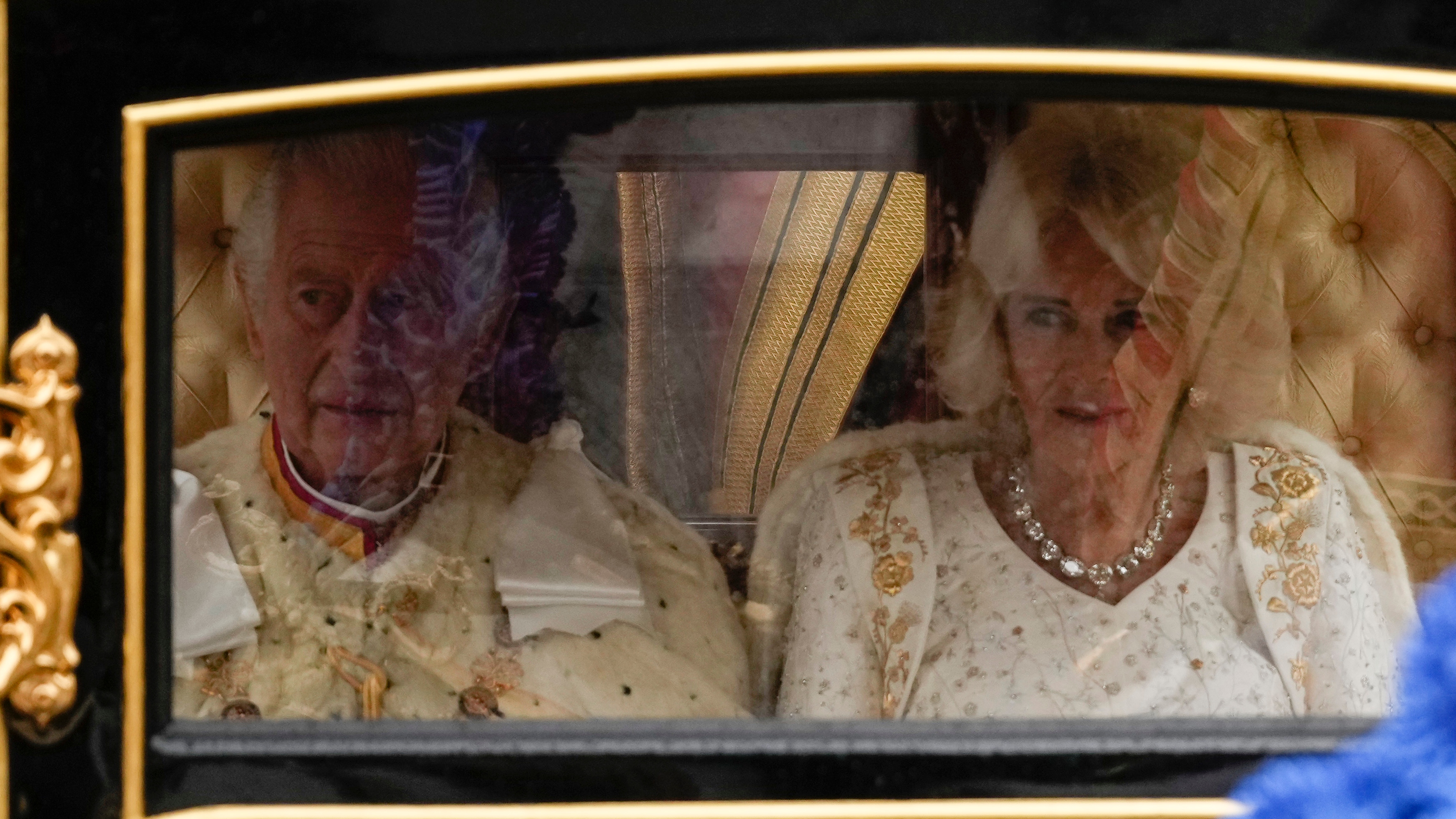 King Charles III and Camilla, Queen Consort travelling in the Diamond Jubilee Coach