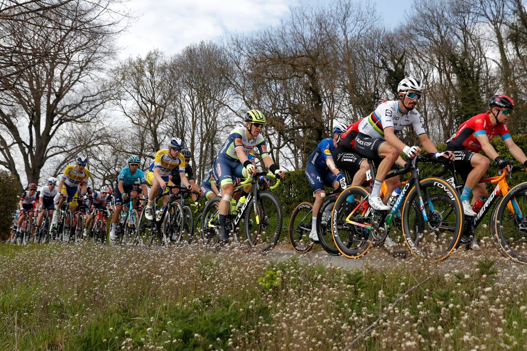 BERG NETHERLANDS APRIL 18 Jan Bakelants of Belgium and Team Intermarch Wanty Gobert Matriaux Julian Alaphilippe of France and Team Deceuninck QuickStep during the 55th Amstel Gold Race 2021 Mens Elite a 2167km race from Valkenburg to Berg en Terblijt Amstelgoldrace amstelgoldrace on April 18 2021 in Berg Netherlands Photo by Bas CzerwinskiGetty Images