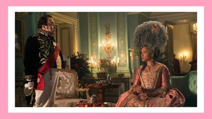 Queen Charlotte: A Bridgerton Story. (L to R) Hugh Sachs as Brimsley, Golda Rosheuvel as Queen Charlotte in episode 103 of Queen Charlotte: A Bridgerton Story/ in a pink template