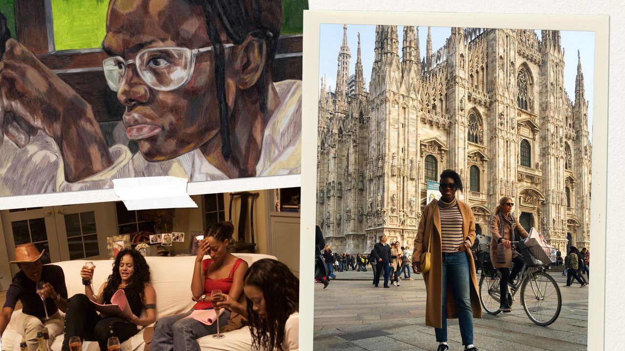 A collage of photos, one a painting of a Black man wearing glasses, one a group of woman sitting on a couch, one of a woman in a tan coat standing in front of a cathedral