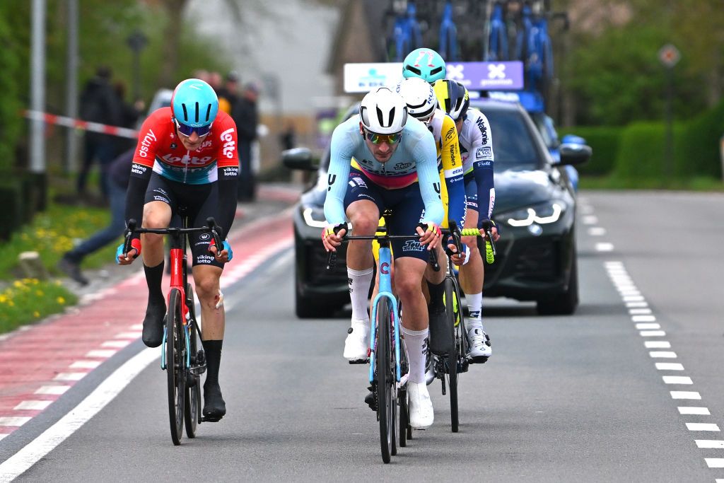 SCHOTEN BELGIUM APRIL 03 LR Liam Slock of Belgium and Team Lotto Dstny and Axel Huens of France and TDT Unibet Cycling Team compete in the breakaway during the 112th Scheldeprijs 2024 Mens Elite a 2053km one day race from Terneuzen to Schoten on April 03 2024 in Schoten Belgium Photo by Luc ClaessenGetty Images