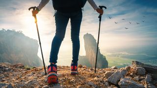 how to use trekking poles: trekker on a sunlit ridge
