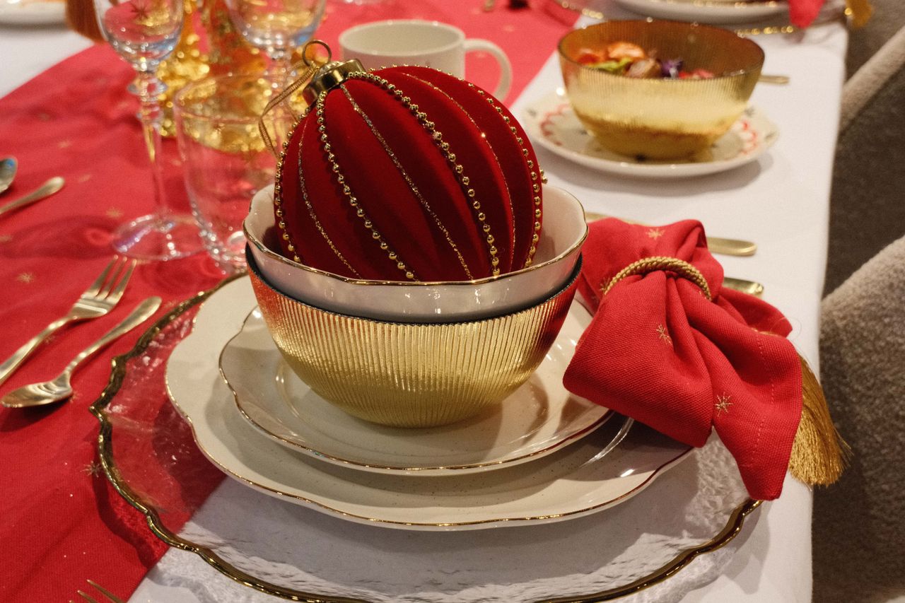 Christmas decorations on a laid table