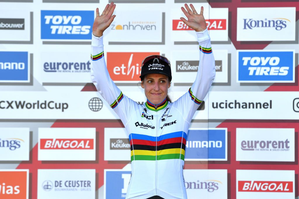 ZONHOVEN BELGIUM OCTOBER 24 Lucinda Brand of The Netherlands and Team Baloise Trek Lions on second place poses on the podium ceremony after the 25th Zonhoven UCI CycloCross Worldcup 2021 Womens Elite CXWorldCup UCIcyclocrossWC zonhoven on October 24 2021 in Zonhoven Belgium Photo by Luc ClaessenGetty Images