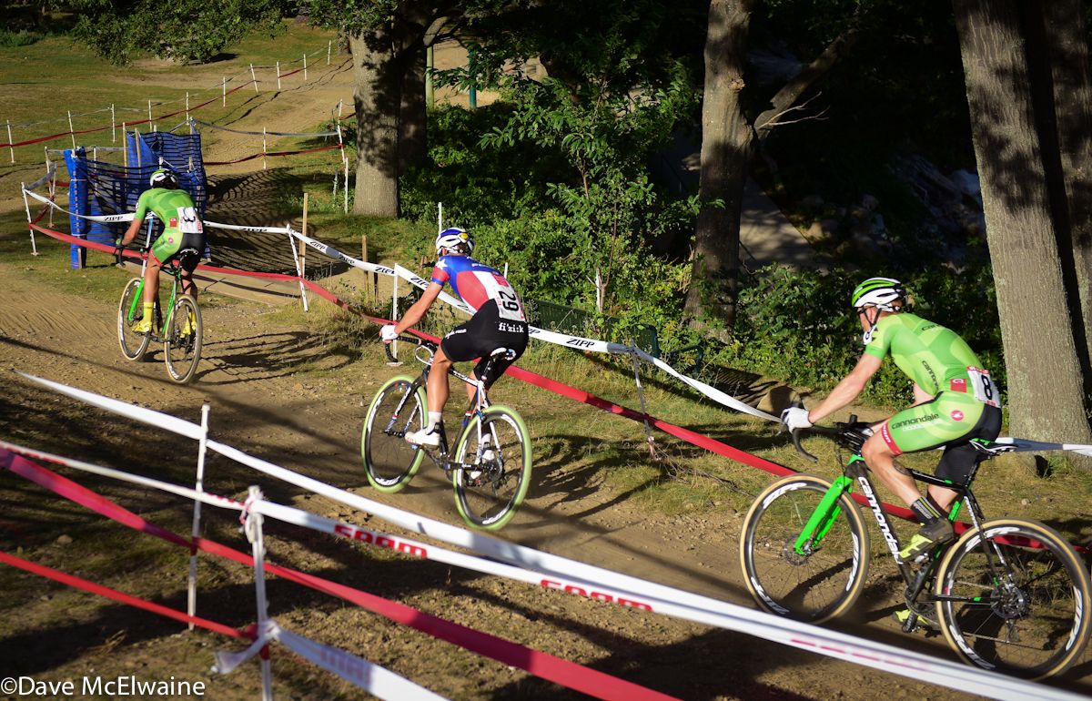 Curtis White (Cannondale) leading Jeremy Powers and Stephen Hyde after Ryan Trebon suffered a puncture