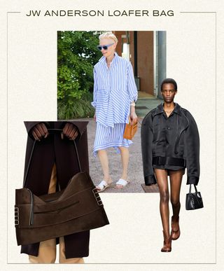 A collage of influencer, product, and brand imagery featuring the JW Anderson Loafer Bag.