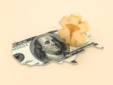 Medical Symbol Caduceus with USA Country Shape with Dollar Bill - Color Background - 3D Rendering