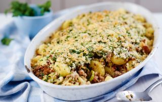 Baked sausage and gnocchi gratin, low calorie meals