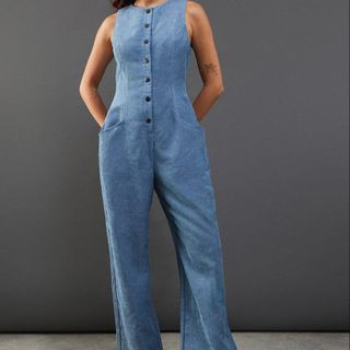 Warehouse Cord Fitted Button Sleeveless Jumpsuit