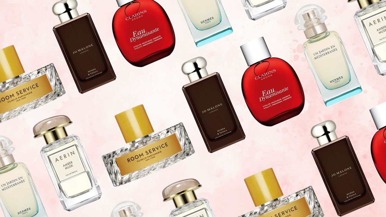 rows of Aerin Amber Musk, Vilhelm Room Service, Jo Malone Myrrh &amp; Tonka, Clarins Eau Dynamisante, and Hermes Un Jardin En Mediterranae perfumes alternating on a pink background