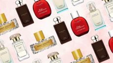 rows of Aerin Amber Musk, Vilhelm Room Service, Jo Malone Myrrh & Tonka, Clarins Eau Dynamisante, and Hermes Un Jardin En Mediterranae perfumes alternating on a pink background