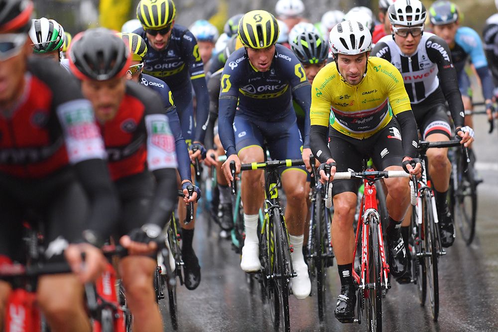 Fabio Felline in the leader's jersey during stage 1 at Tour de Romandie