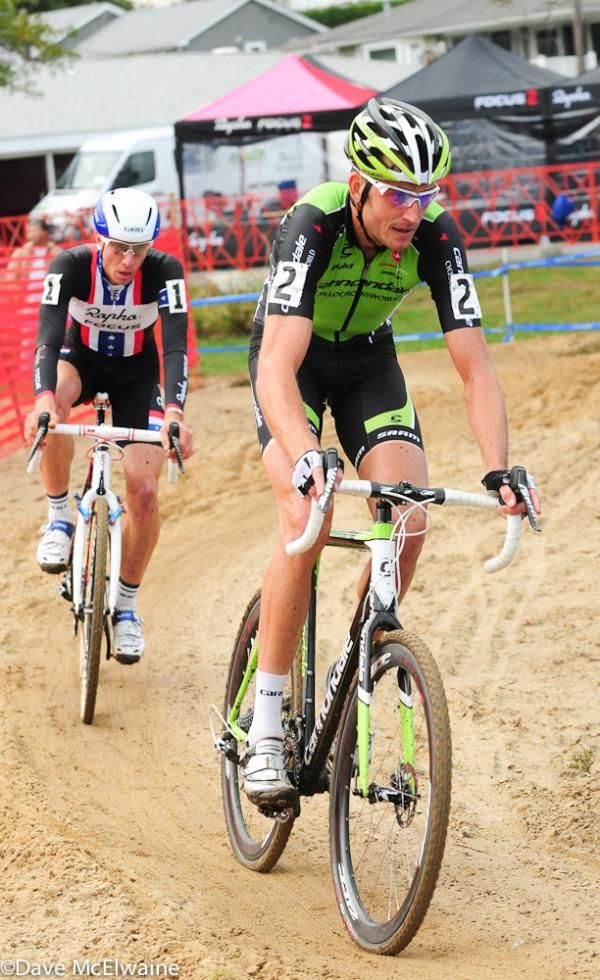 Ryan Trebon (Cannondale) being marked by Powers in the sand pit