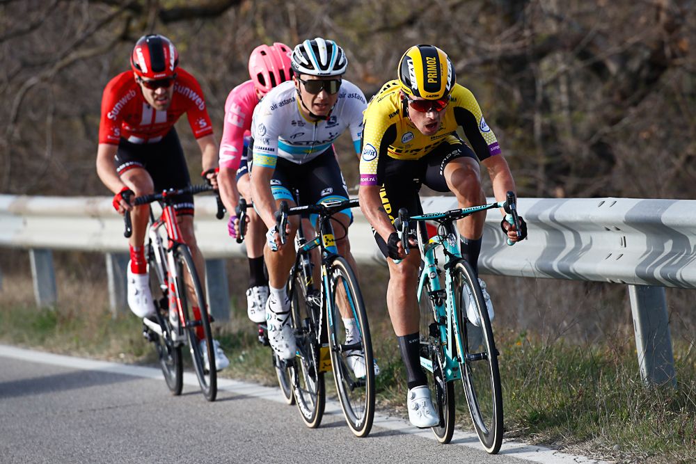 Primoz Roglic leads Alexey Lutsenko, Simon Clarke and Tom Dumouln near the end of stage 2 at Tirreno-Adriatico