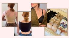 matilda wearing three bras next to a lots of bras lying flat on a bed