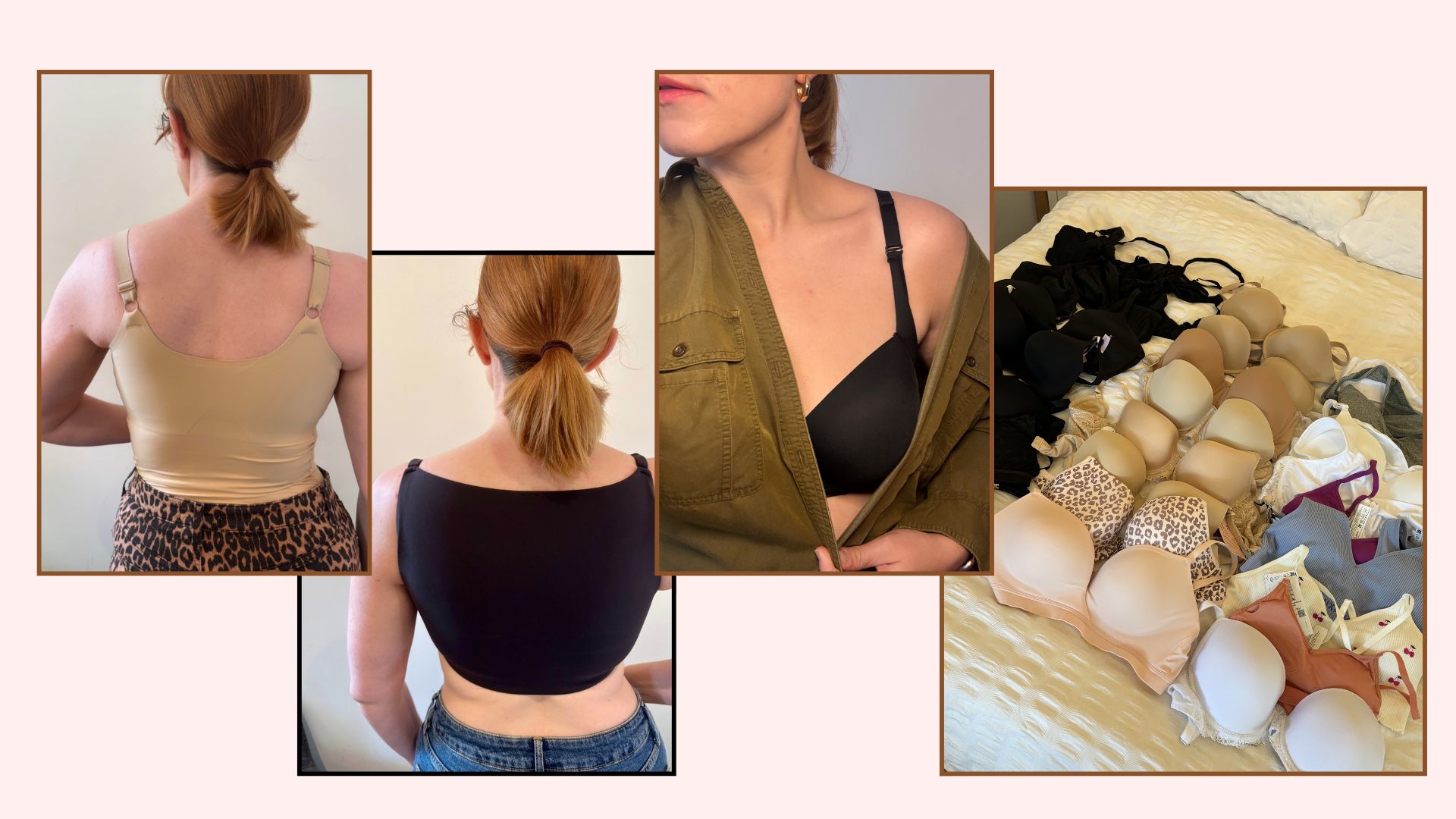 matilda wearing three bras next to a lots of bras lying flat on a bed 