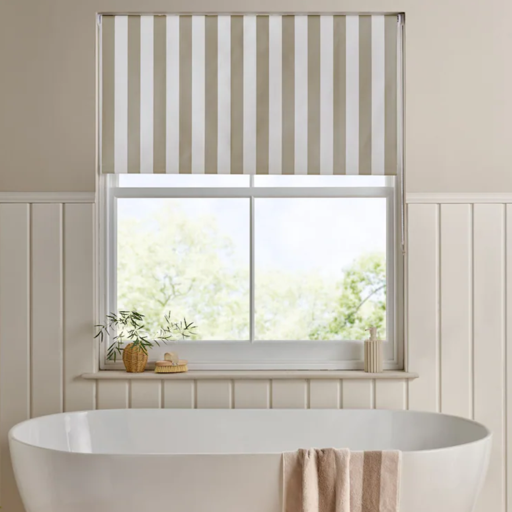 Natural Mink Ready Made Blackout Roller Blind Stripe Print above a bath