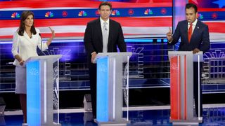 Watch the fourth republican debate with Nikki Haley (L), Ron DeSantis (C) and Vivek Ramaswamy (R)