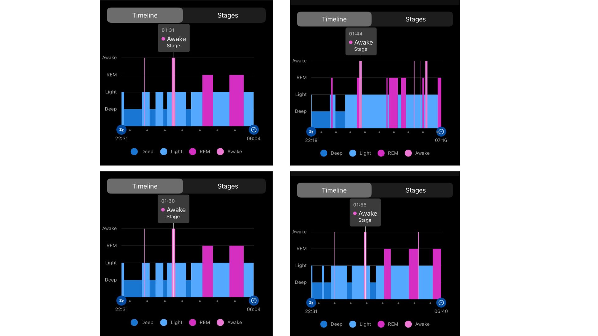 Screenshots of sleep data on the Garmin app
