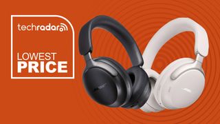 Bose QuietComfort Ultra Headphones in black and white on an orange background with "lowest price" text.