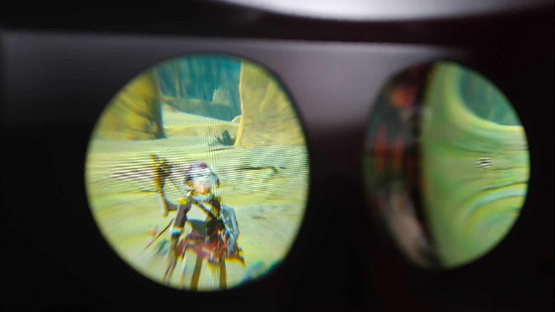 Close up of Zelda Breath of the Wild in Labo VR mode through Virtual Boy lens.