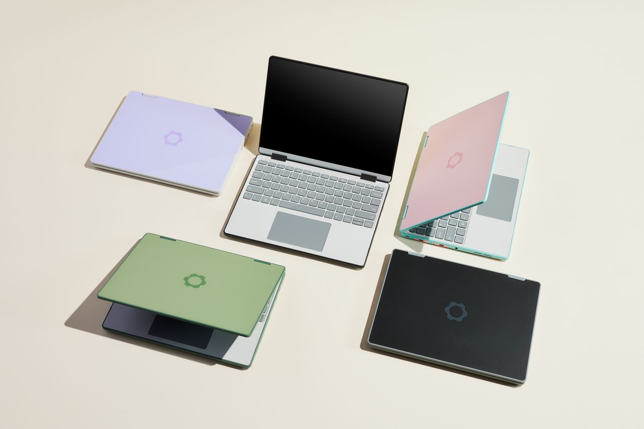Framework Laptop 12 in purple, pink, black, green and silver