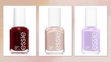 A selection of essie nail polishes including shades Bordeaux, Ballet Slippers and Lilacism/ in an orange to pink gradient template