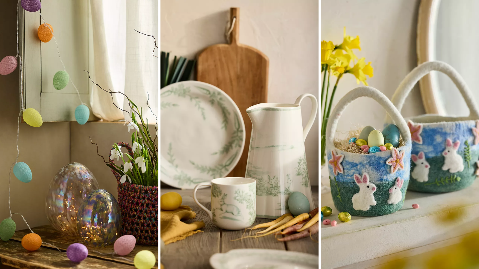 a set of three images featuring easter decor from Terrain 