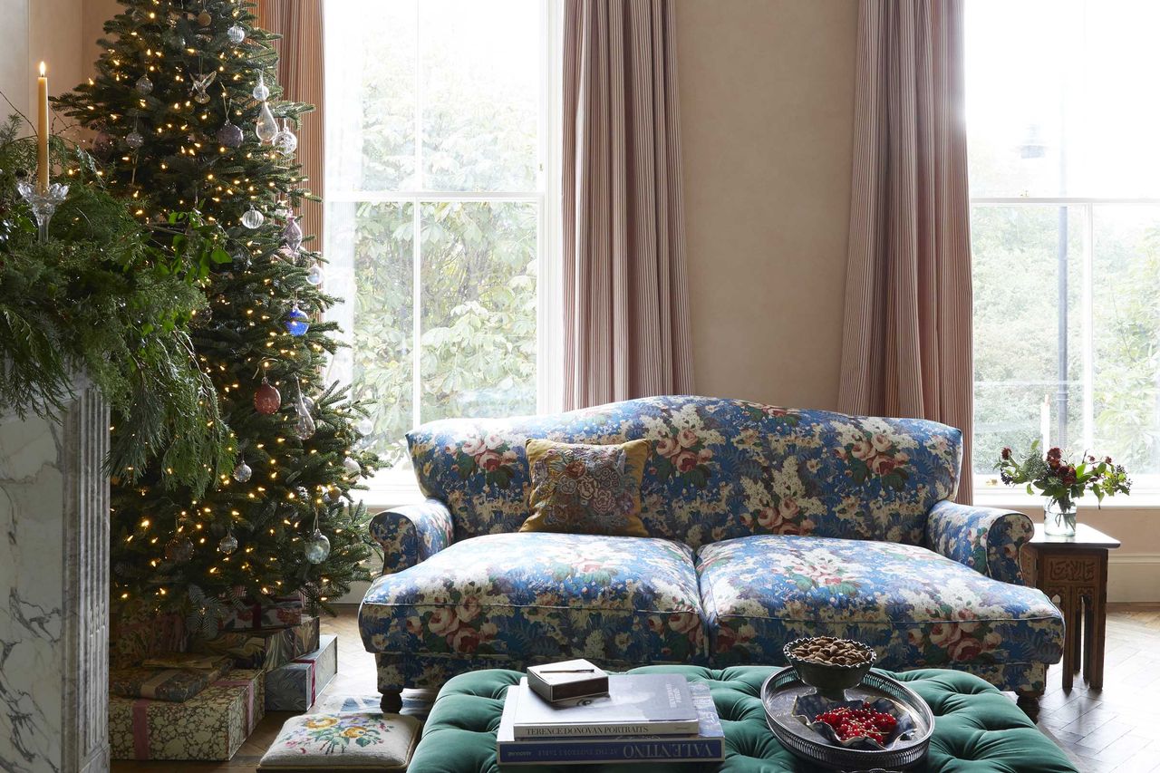 Skye McAlpine&#039;s living room with Christmas tree