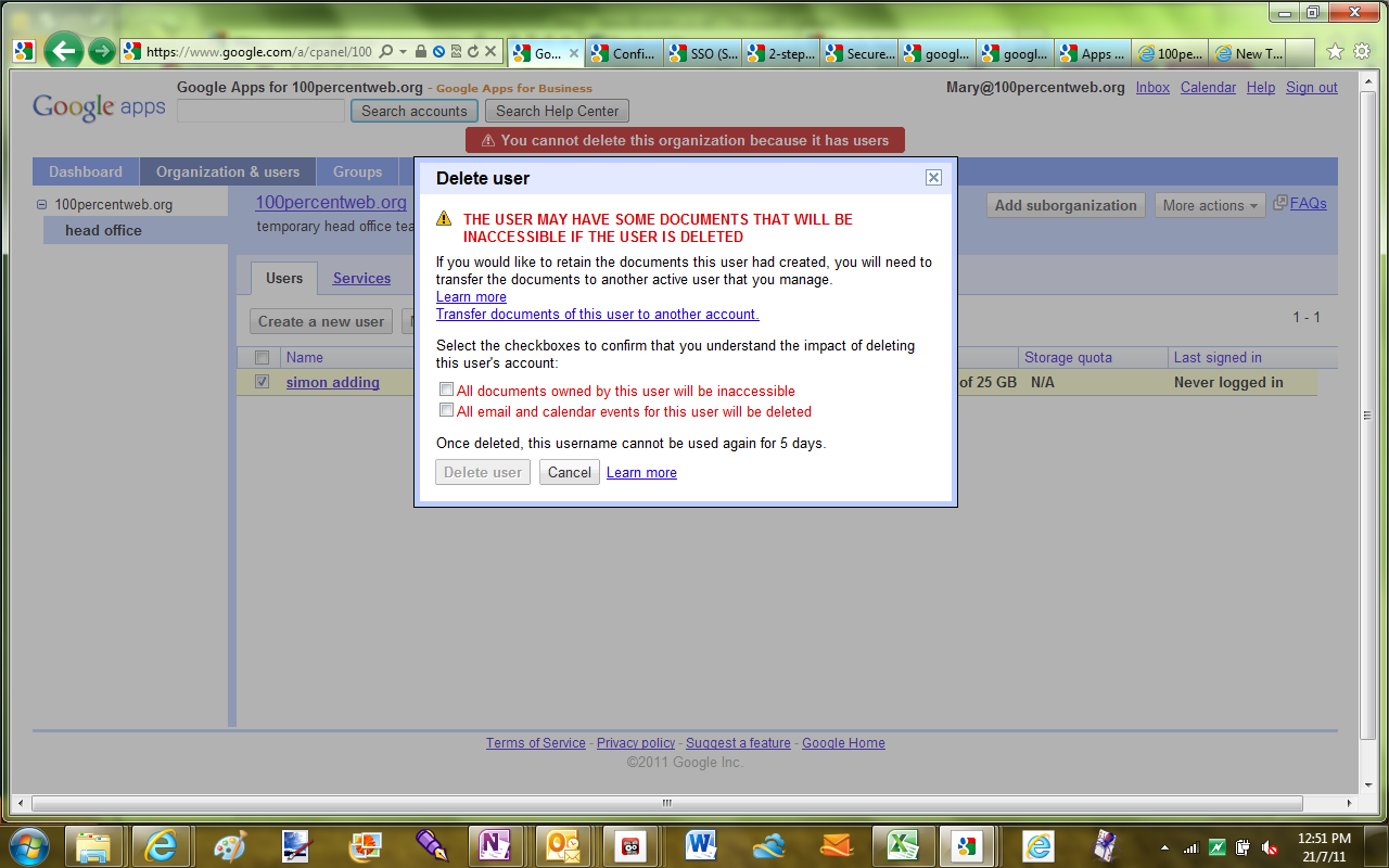 Google Apps lets you transfer documents to another user if someone leaves and you delete their account.