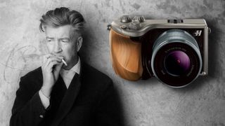 Black-and-white portrait of David Lynch, smoking, with a superimposed image of the Hasselblad Lunar 