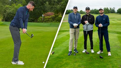 Golf Monthly staff on the first tee at Burhill Golf Club and Barry Plummer playing a wedge shot towards the green