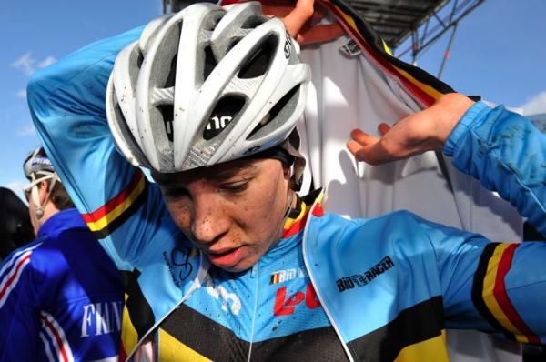 The Belgian riders quickly got into warm clothes after an icy cold race.