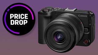 Canon EOS R50 V with 14-30mm PZ lens against a purple background, with the text "Price drop"