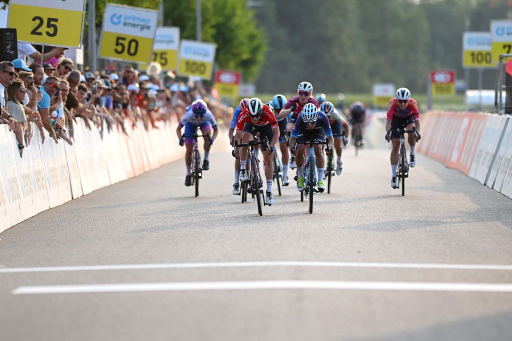 WEINFELDEN SWITZERLAND JUNE 17 LR Kata Blanka Vas of Hungary and Team SD Worx and Arlenis Sierra Canadilla of Cuba and Movistar Team sprint at finish line during the 3rd Tour de Suisse Women 2023 Stage 1 a 56km stage from Weinfelden to Weinfelden UCIWWT on June 17 2023 in Weinfelden Switzerland Photo by Dario BelingheriGetty Images