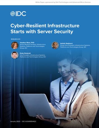 Whitepaper from Dell on improving your infrastructure cyber-resilience with server security, with image of colleagues looking at a laptop on the cover
