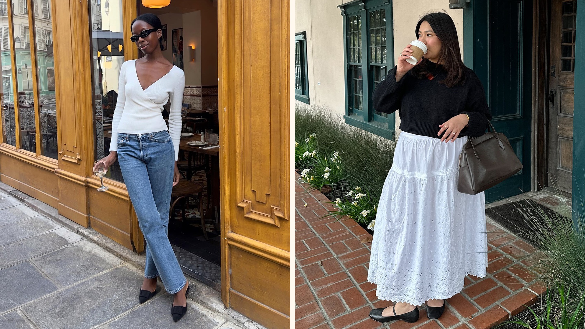 collage of two style influencers Sylvie Mus and Marina Torres wearing easy yet chic outfit ideas with elevated basics like a v-neck top, straight-leg jeans, mule heels, crewneck sweater, tiered skirt, and Mary Jane flats