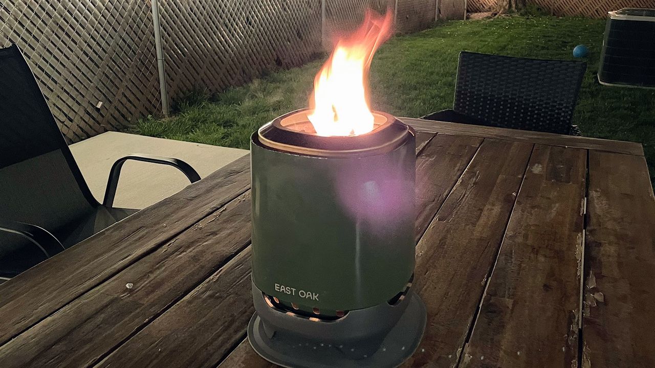 East Oak Mini Tabletop Fire Pit being tested in writer's home