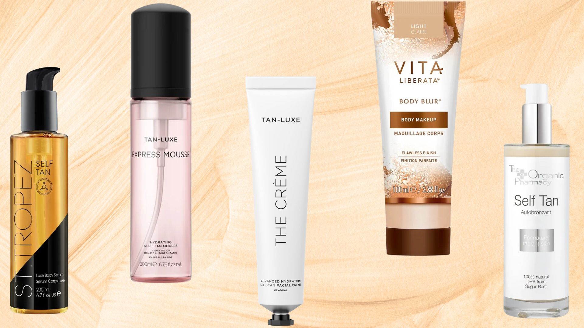 a selection of the best fake tans for pale skin - St Tropez Luxe Serum, Tan-Luxe Express Mousse, Tan-Luxe The Creme, Vita Liberata Body Blur and The Organic Pharmacy Self Tan - on a beige background