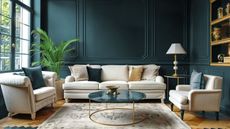 living room with dark teal walls, neutral sofa and armchairs, neutral rug and round coffee table