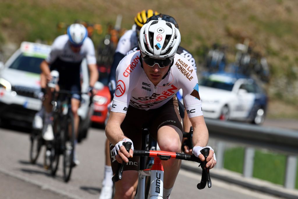 PIEVEDIBONO ITALY APRIL 22 Nicolas Prodhomme of France and Ag2R Citroen Team during the 44th Tour of the Alps 2021 Stage 4 a 1686 to stage from Naturns to Valle del Chiese Pieve di Bono TourofTheAlps TouroftheAlps on April 22 2021 in Pieve di Bono Italy Photo by Tim de WaeleGetty Images