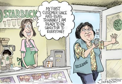 Political cartoon US Starbucks racism anti bias training Roseanne Barr bigotry