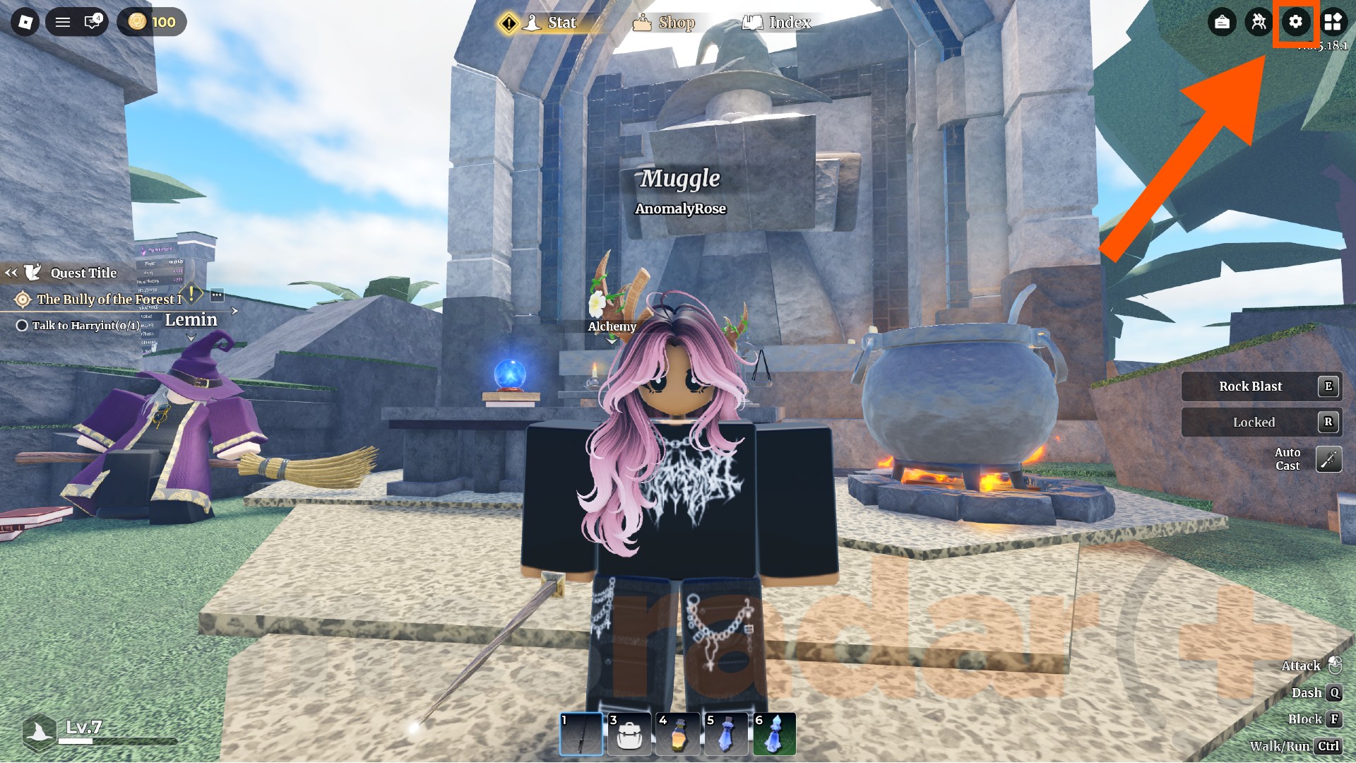 An orange arrow points to the settings menu where players can redeem Wizard Alchemy codes