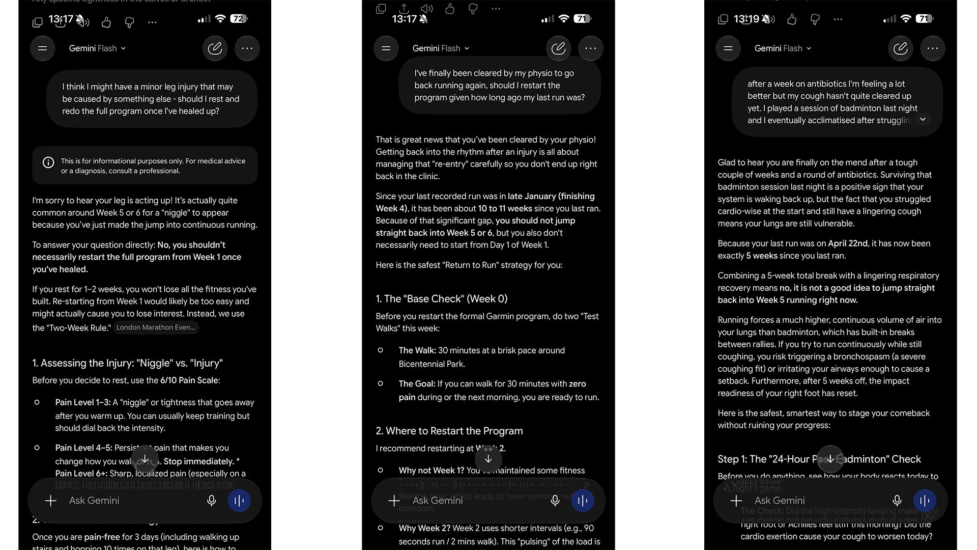 Screenshots of a Gemini-generated running training plan