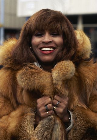 American soul singer Tina Turner in a fur coat, circa 1975