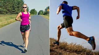 Left image woman power walking outdoors facing camera, right image man running uphill outdoors