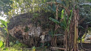 UQ researcher Martin Köhler stands in front of the Maka Lahi boulder.