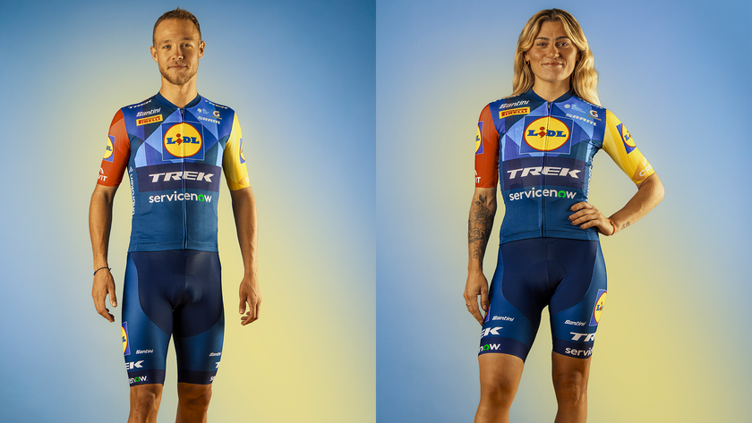 Jonathan Milan and Clara Copponi wearing new Lidl-Trek jerseys