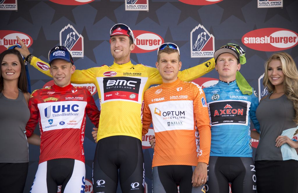 The jersey wearers, John Clarke, Tayloy Phinney, Guillaume Boivin and Logan Owen on the podium