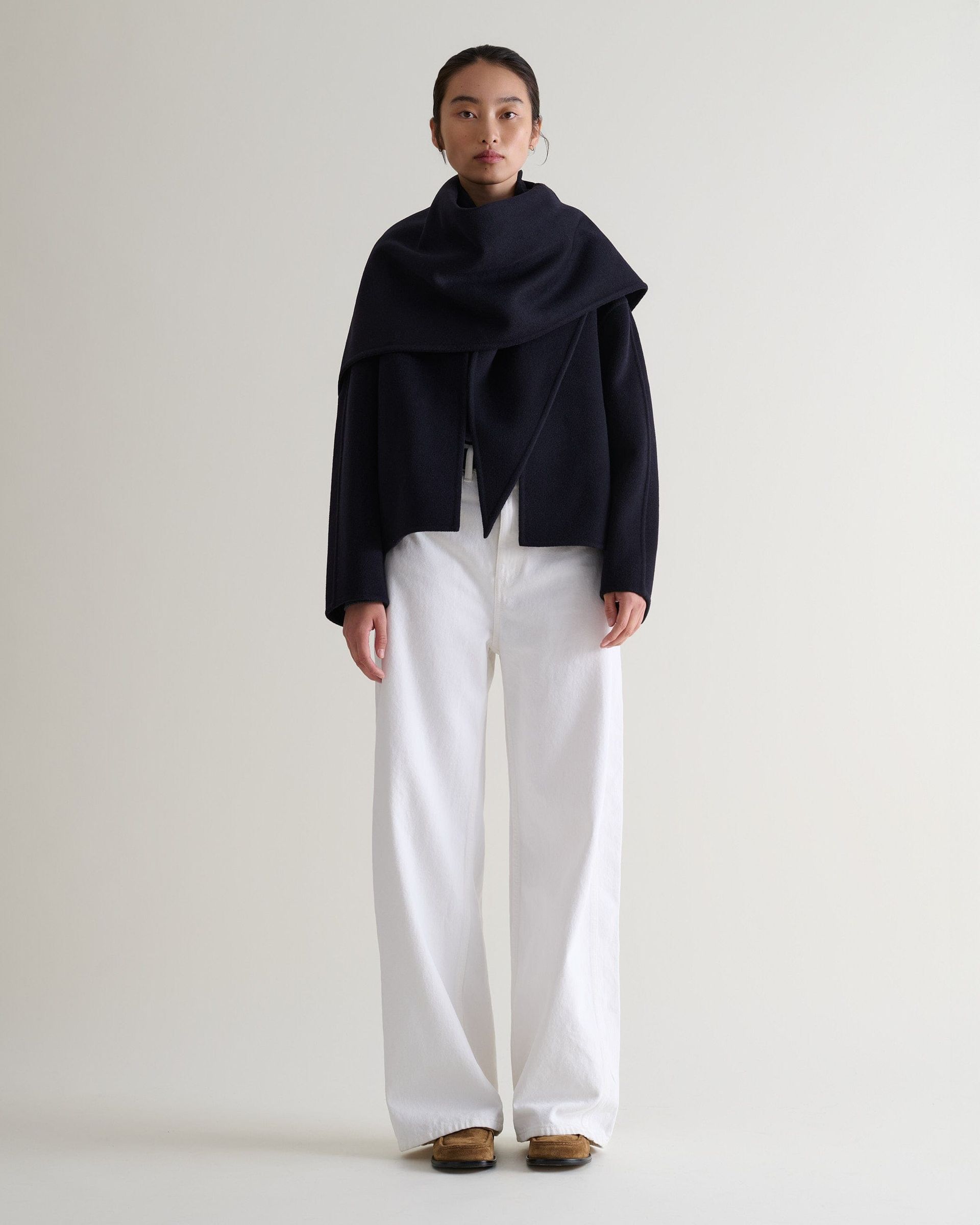 Women's Cashmere Wool Double Faced Scarf Jacket - Navy - Navy / Xs